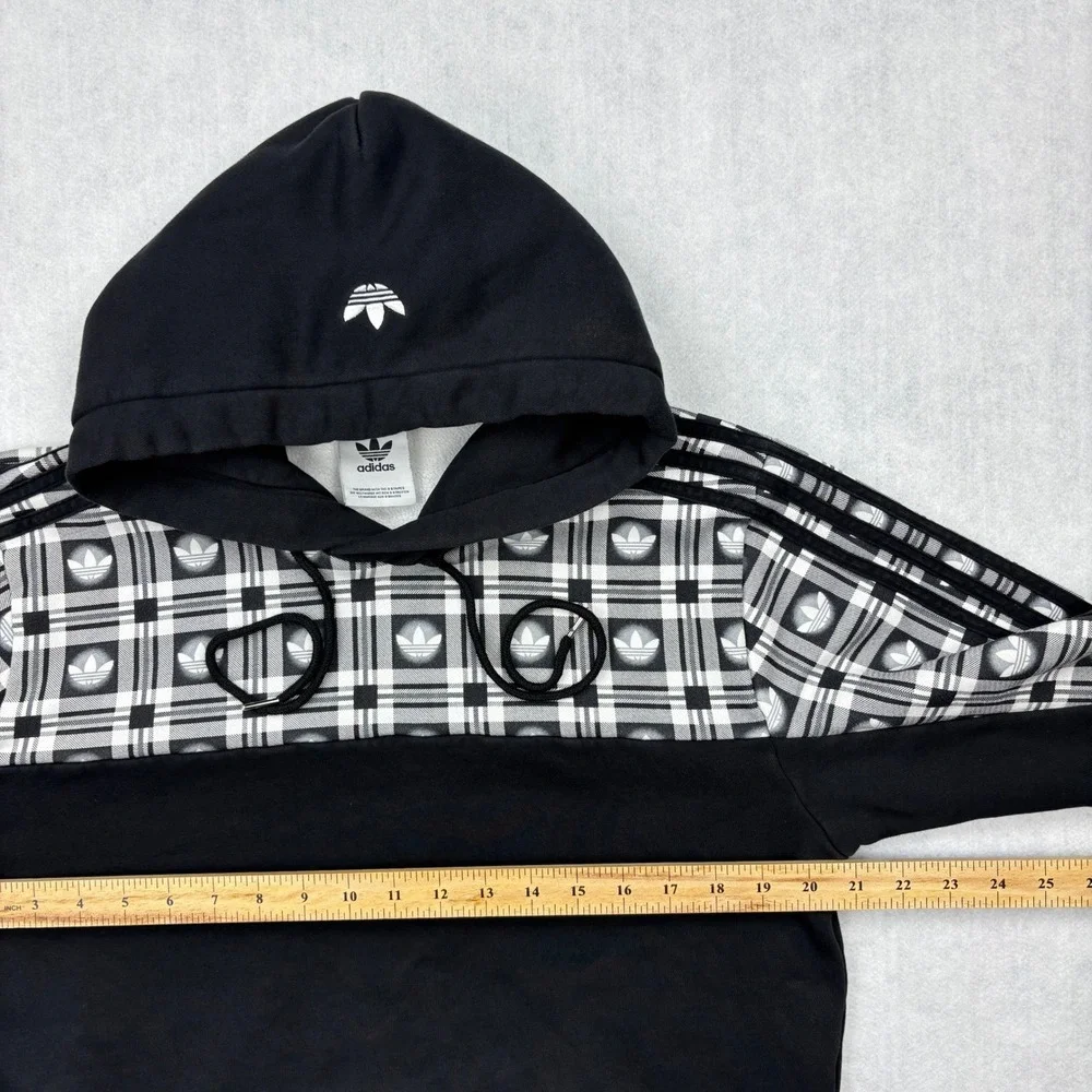 adidas Originals Hoodie Mens Small Black White Plaid Tartan Pullover Fleece